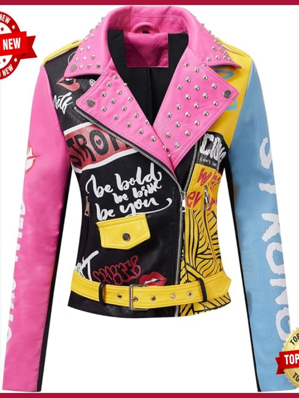 Faux Leather Moto Jacket with Studs Floral Print Slim Fit Biker Coat
